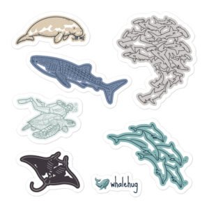 deep curiosity minimalist ocean sticker sheet featuring whale shark manta ray turtle dugong hammerheads whalehug