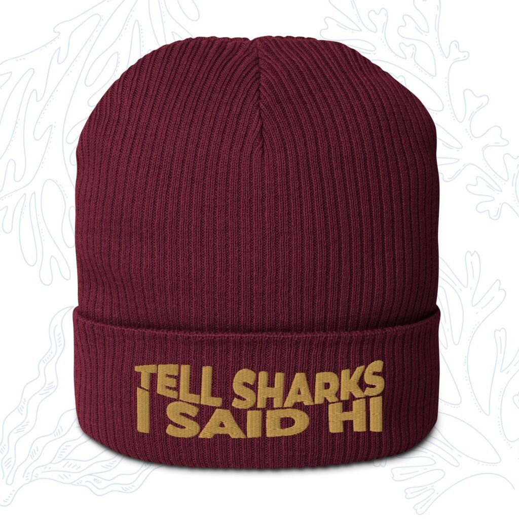 tell sharks i said hi organic shark beanie in burgundy with gold embroidery whalehug