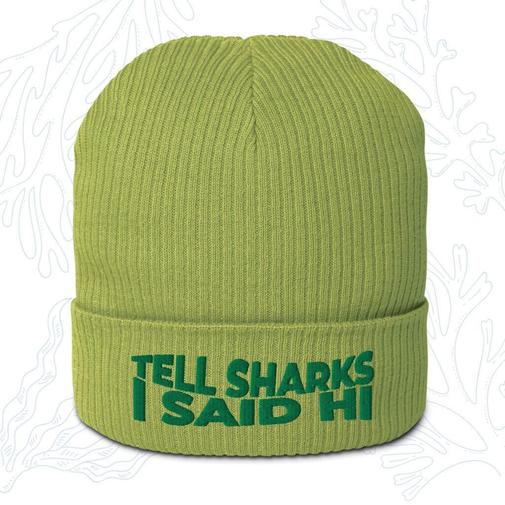 tell sharks i said hi organic shark beanie in leaf green with forest green embroidery whalehug
