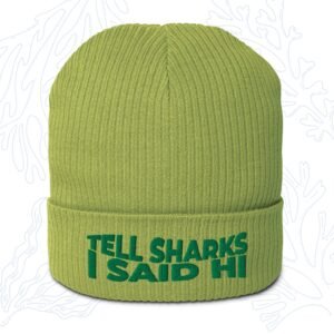 tell sharks i said hi organic shark beanie in leaf green with forest green embroidery whalehug
