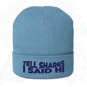 tell sharks i said hi organic shark beanie in light avio blue with navy embroidery whalehug