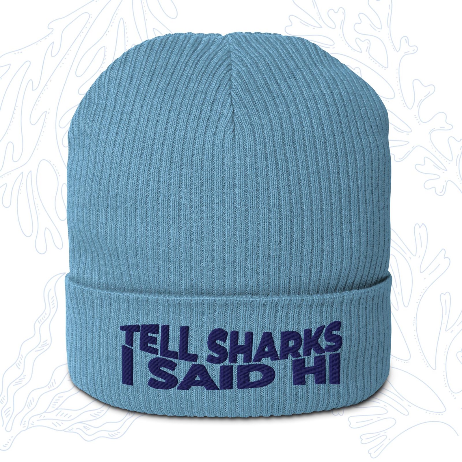 tell sharks i said hi organic shark beanie in light avio blue with navy embroidery whalehug