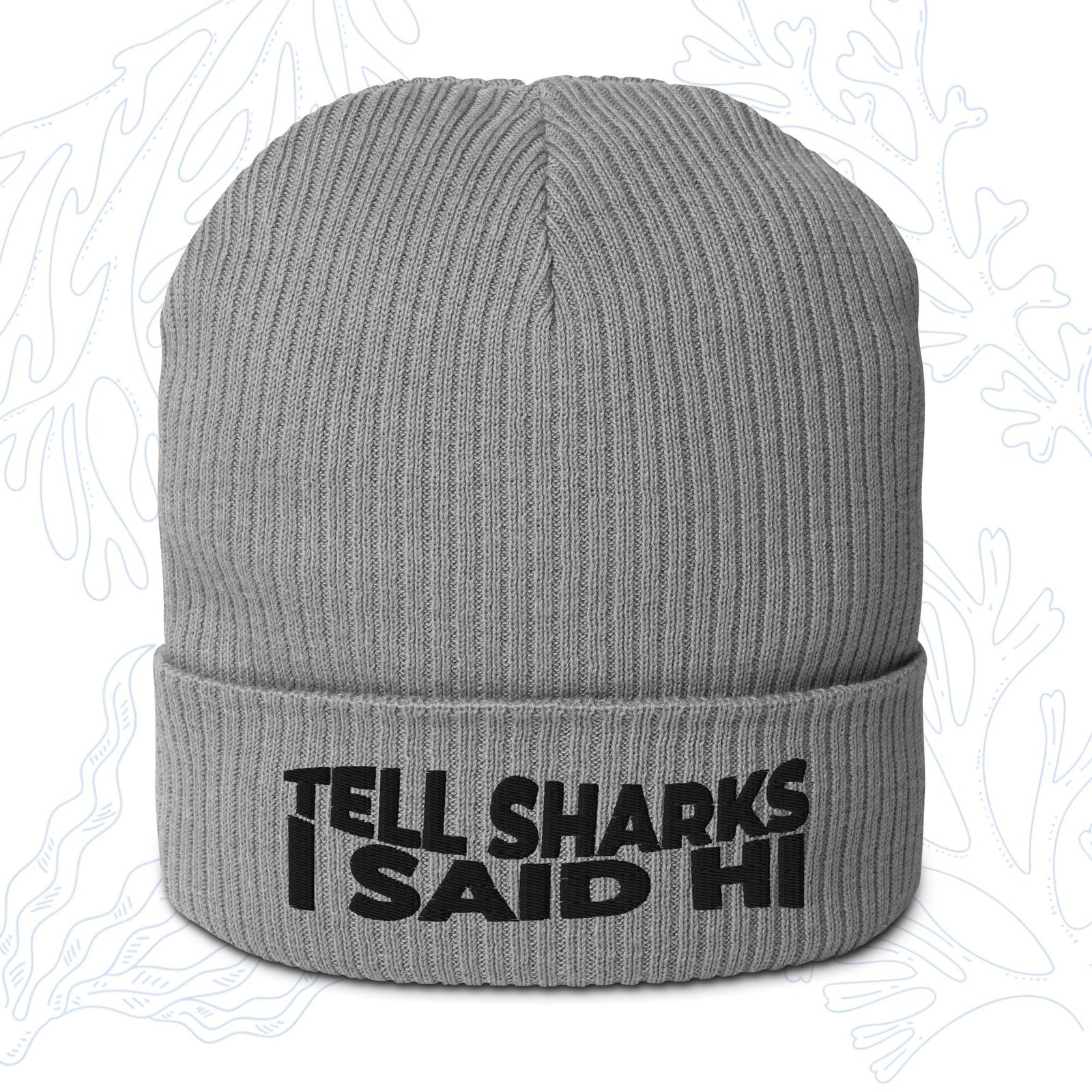 tell sharks i said hi organic shark beanie in light grey with black embroidery whalehug