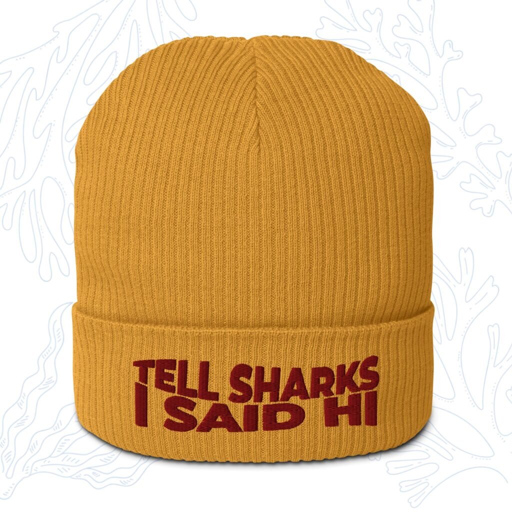 tell sharks i said hi organic shark beanie in mustard yellow with burgundy embroidery whalehug