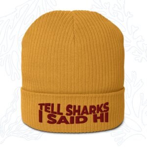 tell sharks i said hi organic shark beanie in mustard yellow with burgundy embroidery whalehug