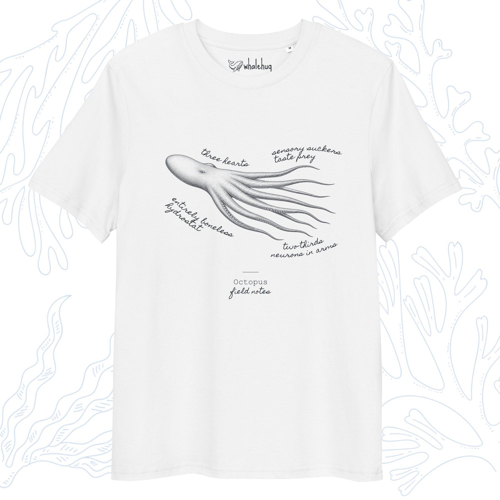 octopus field notes t-shirt white organic cotton whalehug