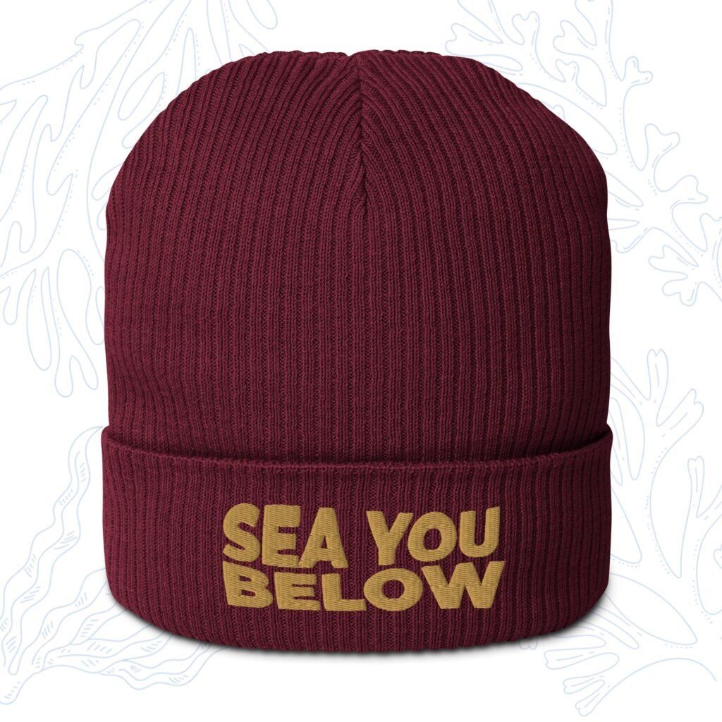 sea you below organic diver beanie in burgundy with yellow embroidery whalehug