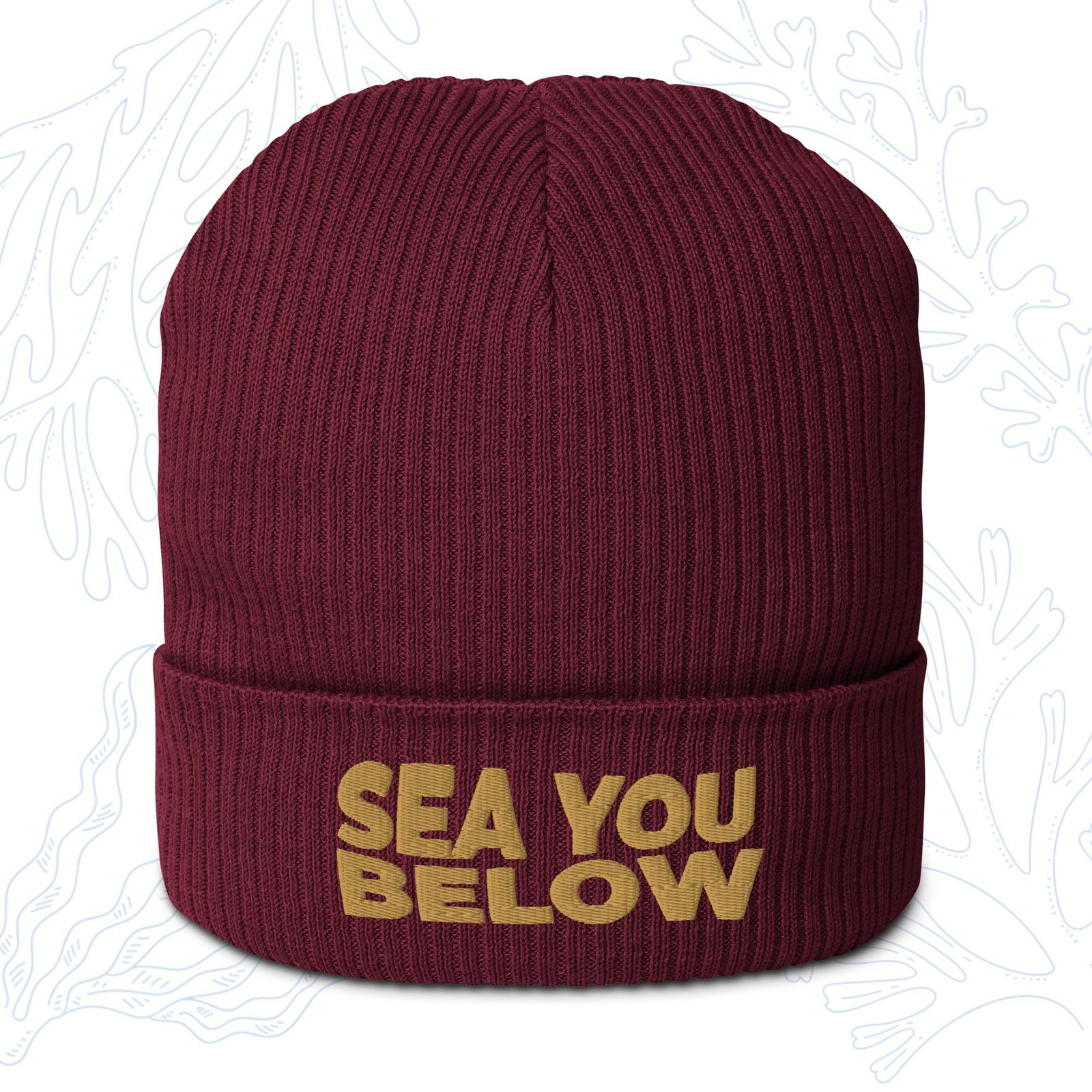 sea you below organic diver beanie in burgundy with yellow embroidery whalehug