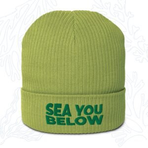 sea you below organic diver beanie in leaf green with embroidered cuff whalehug