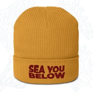 sea you below organic diver beanie in mustard yellow with embroidered cuff whalehug