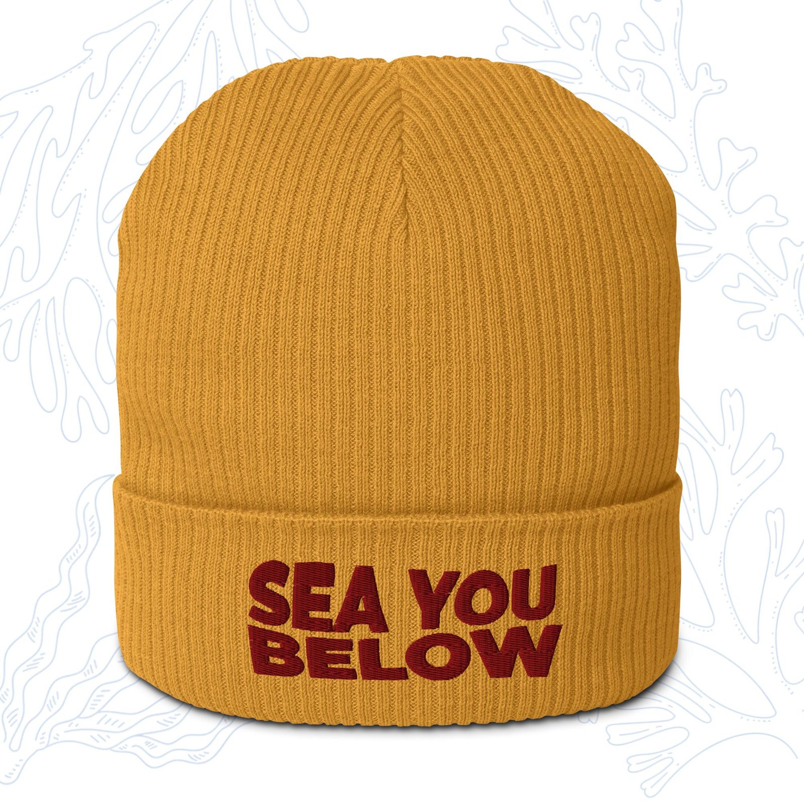 sea you below organic diver beanie in mustard yellow with embroidered cuff whalehug